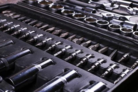 A set of tools in the box, organized workspace. Stock Photos