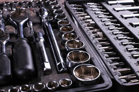 A set of tools in the box, organized workspace. Stock Photos