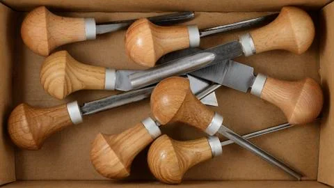 Set of tools for carving in a box Foto stock