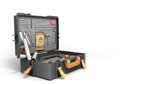 A set of tools in the case 3d render on white background Stockillustratie