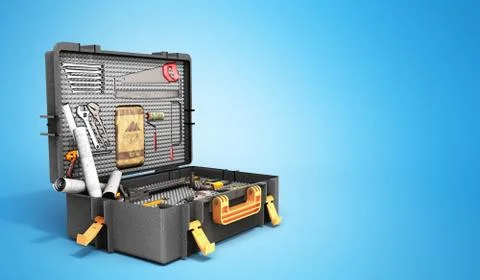 A set of tools in the case 3d render on blue background Stockillustratie