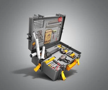 A set of tools in the case 3d render on grey background Stockillustratie