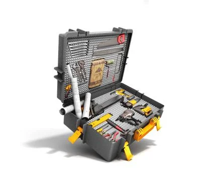 A set of tools in the case 3d render on white background Stockillustratie
