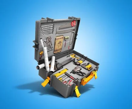 A set of tools in the case 3d render on blue background Stock Illustration
