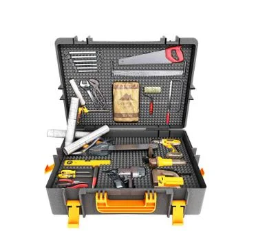 A set of tools in the case 3d render on white background no shadow Stockillustratie
