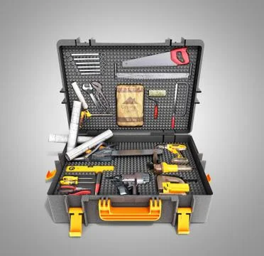 A set of tools in the case 3d render on blue background Stockillustratie