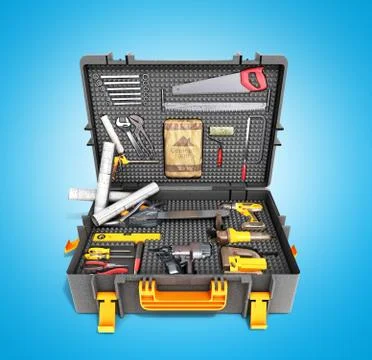 A set of tools in the case 3d render on blue background Stockillustratie