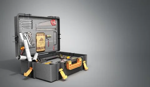 A set of tools in the case 3d render on grey background Stockillustratie