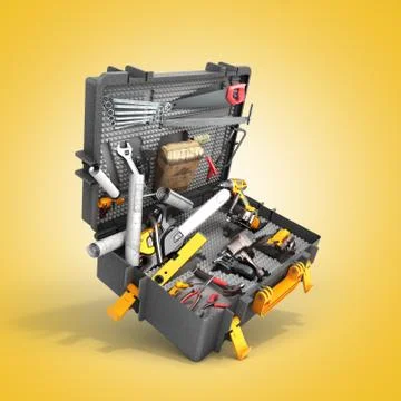 A set of tools in the case 3d render on color background Stockillustratie