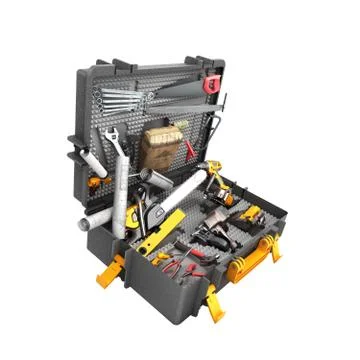 A set of tools in the case 3d render on white background no shadow Stockillustratie