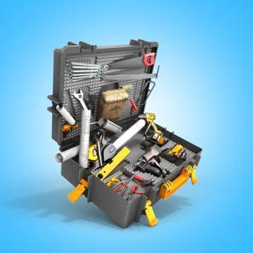 A set of tools in the case 3d render on blue background Stock Illustration