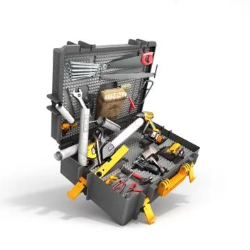 A set of tools in the case 3d render on white background Stockillustratie