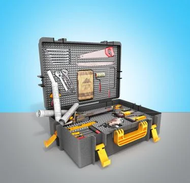 A set of tools in the case 3d render on blue background Stockillustratie