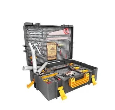 A set of tools in the case 3d render on white background no shadow 스톡 일러스트