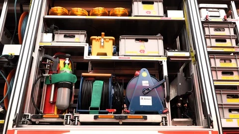 Set of tools in the fire truck Видео 108559411