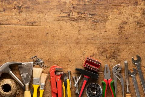 Set of tools. Hand tools for craftsmen on old table. Stock Photos