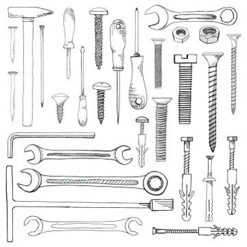 Set of tools, hardware. Different fastener isolated on white background. 스톡 일러스트