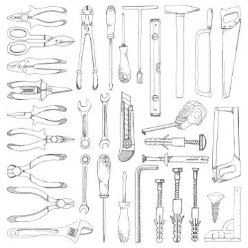 Set of tools, hardware. Different fastener isolated on white background. Stock Illustration