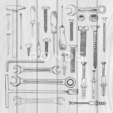 Set of tools, hardware. Different fastener isolated on white background. Stock Illustration