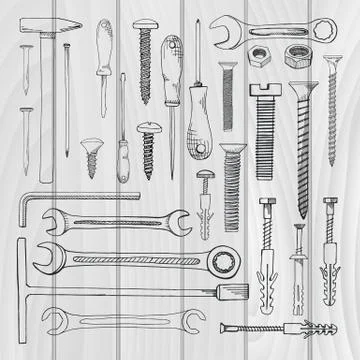 Set of tools, hardware. Different fastener isolated on white background. 스톡 일러스트