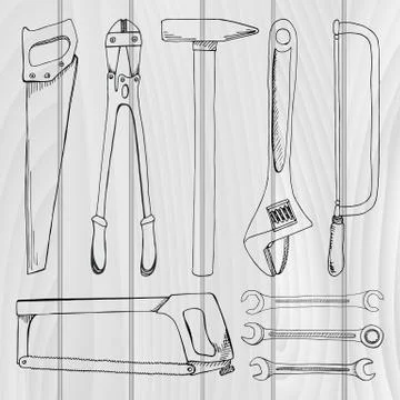 Set of tools, hardware. Different metal tools isolated on white background. Stock Illustration
