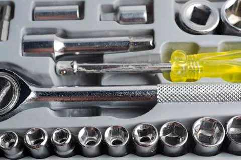 Set of tools of heads in a box. Stock Photos