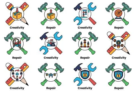 A set of tools, including hammers and wrenches, arranged in a grid Stock Illustration