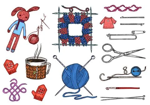 Set tools for knitting or crochet and materials or elements for needlework. club Stock Illustration