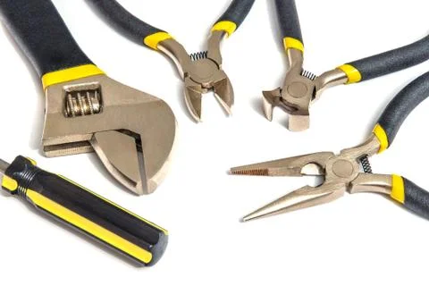 Set of tools for master plumber or electrician on white isolated background Stock Photos