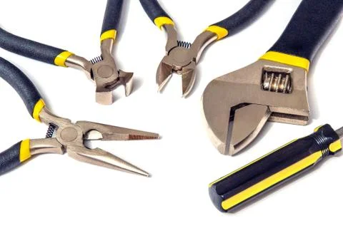 Set of tools for master plumber or electrician on white isolated background Stock Photos