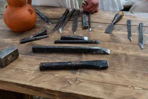 Set of tools for the master of stone chisel, sledgehammer and chisel Stock Photos