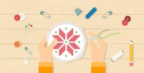 Set of tools for needlework and hoop with embroidery in hands vector icon flat Stock-Illustration