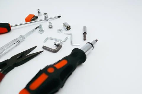 Set of tools over white background, top view with space for text. Various wor Stock Photos