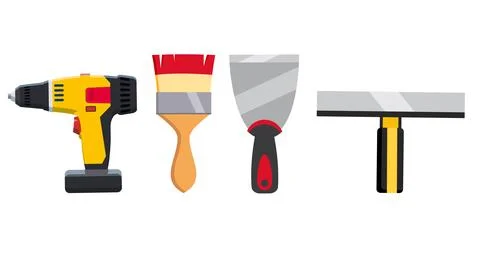 Set tools paint brush, putty knife, spatula, electric screwdriver, repair tool Stock Illustration