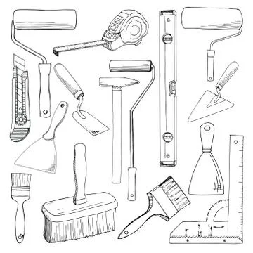 Set tools painting  building.  Different tools isolated on white background. Stock Illustration