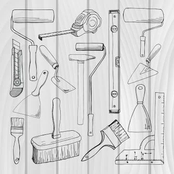 Set tools painting building. Different tools isolated on white background. Illustrazione stock