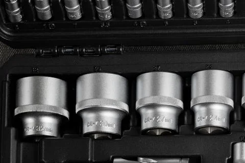 Set of tools for screwdrivers Set of heads and nozzles. Close-up view. Stock Photos