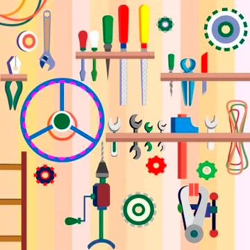 A set of tools on the shelves of the workshop. Vector illustration. Stock Illustration