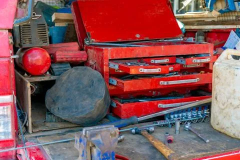 A set of tools for technical support machines on the race. Box with set of to Fotos Stock