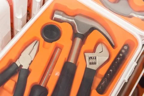 Set of tools in tool box Stock Photos