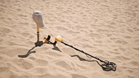Set of tools used for exploring and digging precious metals in the sand. Metal Stock Photos