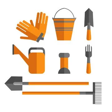 A set of tools for the vegetable garden isolated on a white background. Vector Stock Illustration