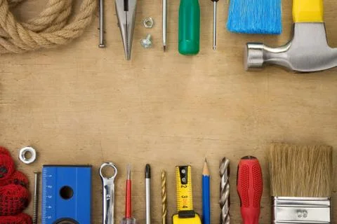 Set of tools on wood background Stock Photos