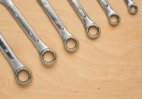 Set of tools on a wood panel Foto stock