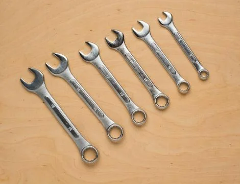 Set of tools on a wood panel Foto stock