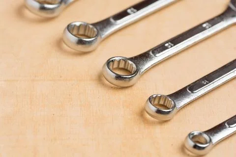 Set of tools on a wood panel Foto stock