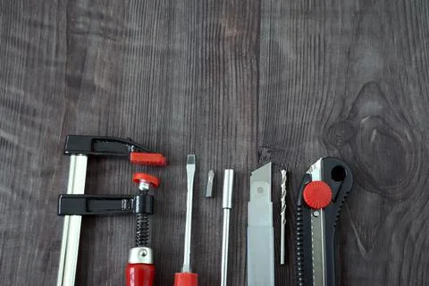 Set of tools on wood Stock Photos