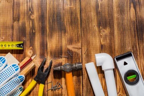 Set of tools on a wooden background 스톡 사진
