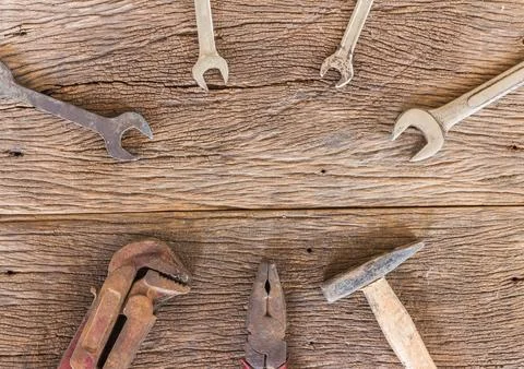 Set of tools on wooden background Stock Photos