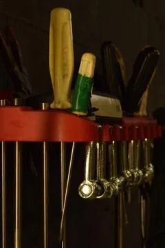 A set of tools in the workshop. highlighted on a black background Stock Photos